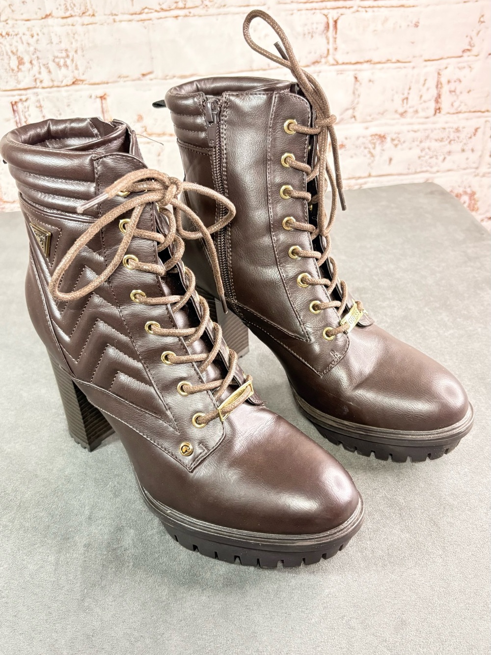 Guess Brown Quilted Lace-Up Block Heel Ankle Boots